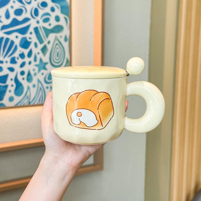 Cute Milk Fufu Cute Mug with Lid Spoon Girls Household Ceramic Coffee Cup Student Breakfast Milk Cup