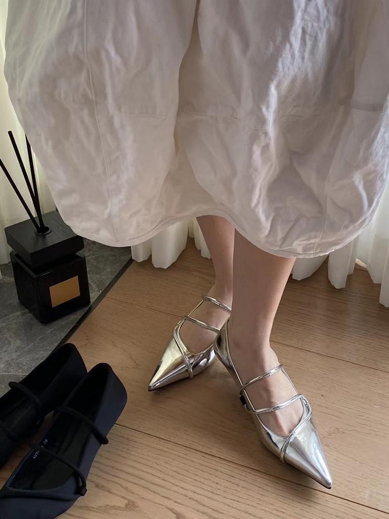 fashion Pointed Toe Women Pumps 2024 New Arrivals Fashion Dress Shoes Thin Mid Heels Silver Black Office Party Pumps Cross Bandage Shoes