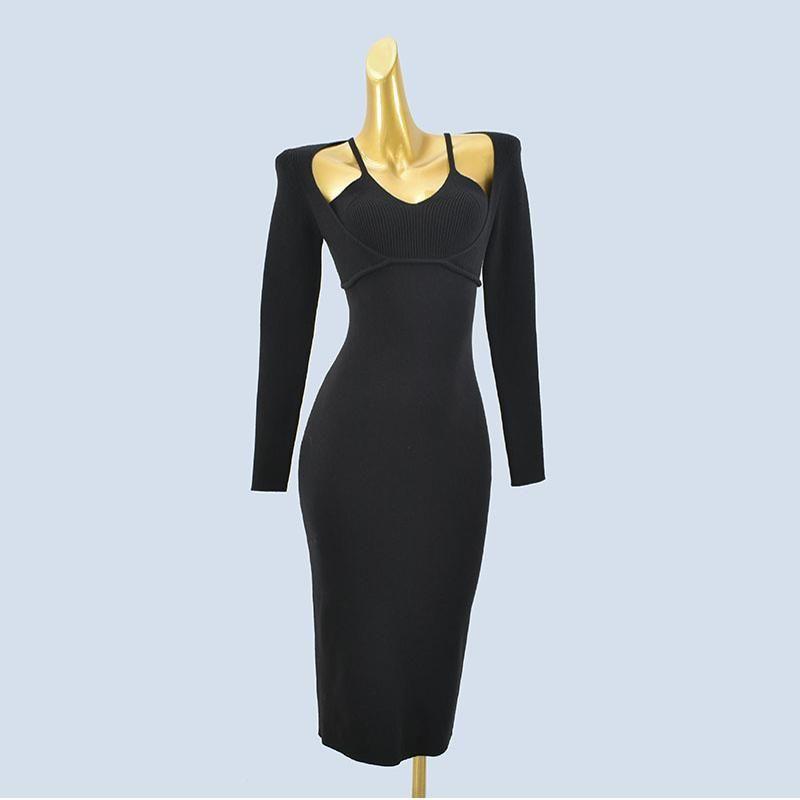 Elegant Socialite Fake Two-Piece Sexy Strapless Suspenders Long Sleeves Silm Soft Glutinous Knitting Sweater Hip Length Dress Women