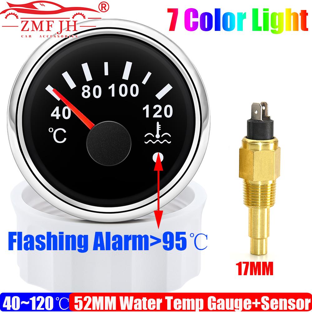 Auto Car 52MM Water Temperature Gauge with Warning Sensor 12MM,14MM,16MM 40-120℃ Water Temp Meter Indicator 7 Color Backlight