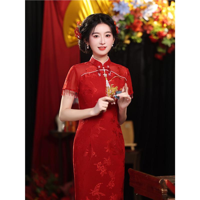 Burgundy improved cheongsam women's 1011 new engagement toasting clothes show thin national style wedding return banquet dress
