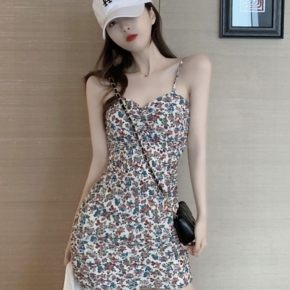 Summer Retro Temperament Small Slim and Thin Hip Skirt Women's New Sexy Suspender Floral Dress