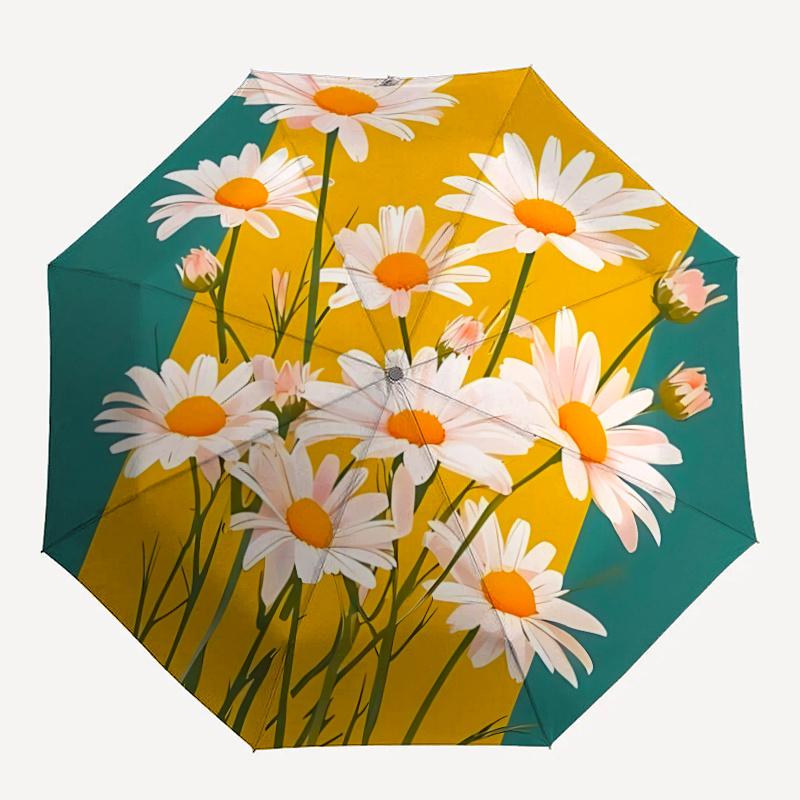 

1pc Daisies Flowers Automatic Folding Umbrella - Compact 8-Rib Design, Durable Plastic & Iron, Festive Gift, Compact Umbrellan023
