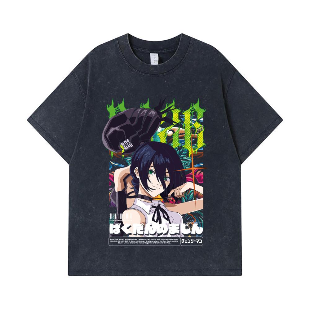 275 GSM Washed T-shirts 100% Cotton Chainsaw Man V54 Reze Print Unisex Heavy Cotton T Shirt