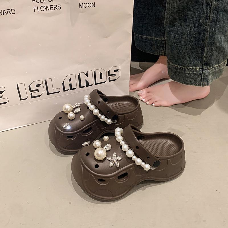 

Fashion Women Summer Slippers Indoor Street Clogs Soft EVA Thick Sole DIY Rhinesttone Pearl Girls Fashion Clogs Beach Platform Sandals 36-37 коричневый