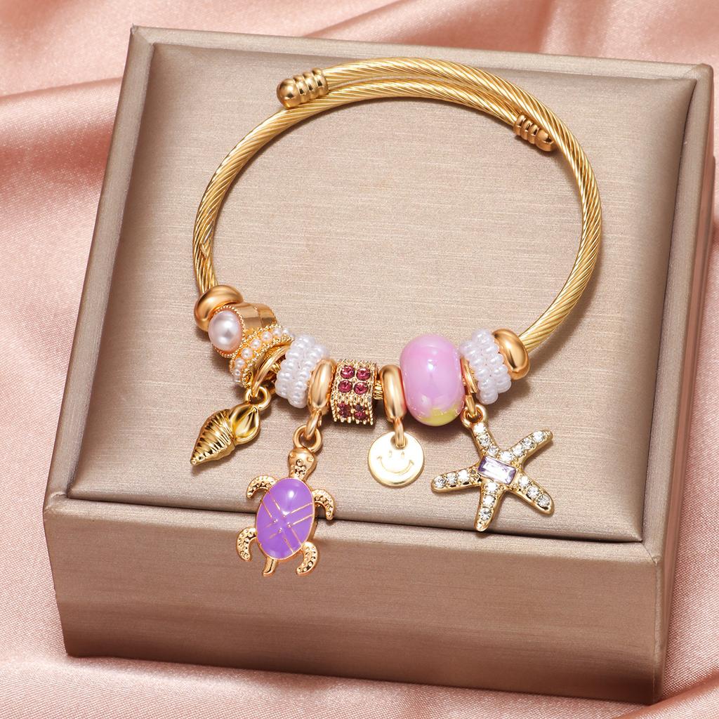 High Quality Gold Plated Stainless Steel Butterfly Heart Charm Bracelet Crystal Pearl Pendant Fashionable Bangle Unisex