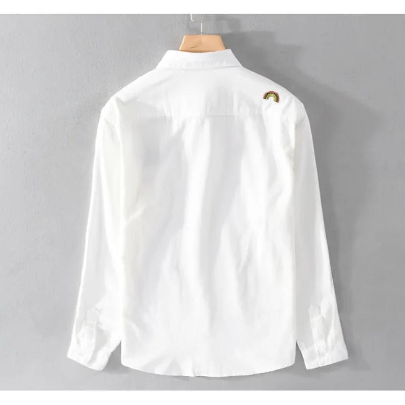 Chic Embroidered White Shirts for Men Spring and Summer Streetwear Youth New Casual Tops Pure Cotton Long Sleeve Shirt Korean Style Men Clothing
