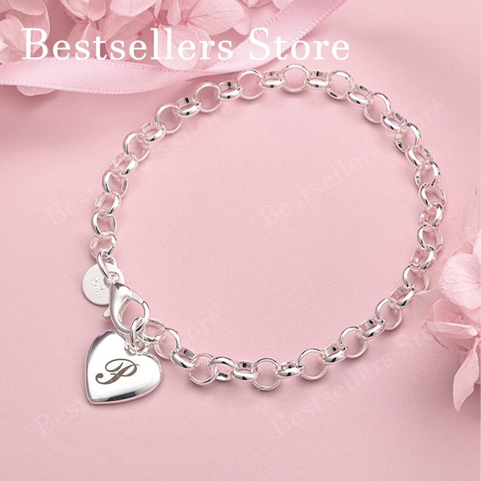 Luxury 925 sterling silver 8-inch 26 letter heart-shaped bracelet for women's fashionable wedding accessories