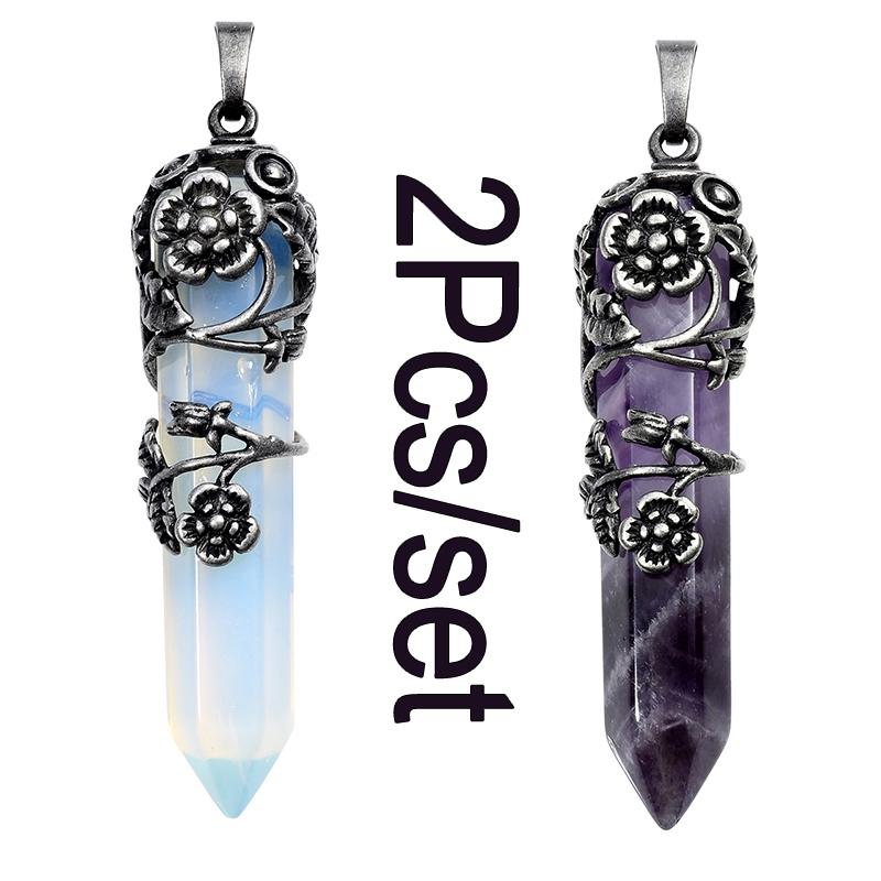 Mode natürliche Kristall sechseckige Säule Vintage Legierung Rose Anhänger Amethyst Kristall Halskette