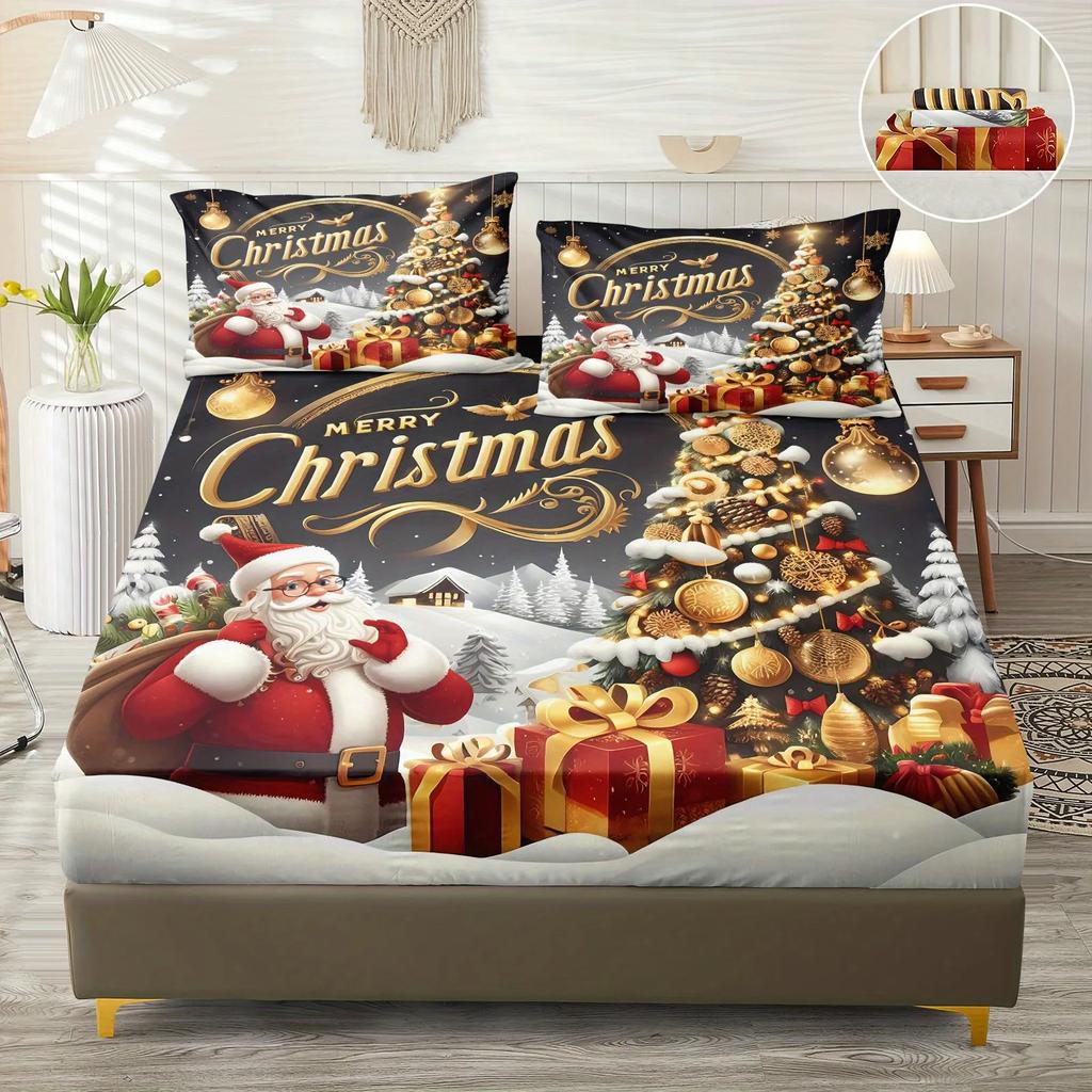 3pcs 85G July Polyester and Nylon Gorgeous Christmas Moon Color, Tree and Santa Digital Fitted Sheet Set, Soft, Comfortable, Bed