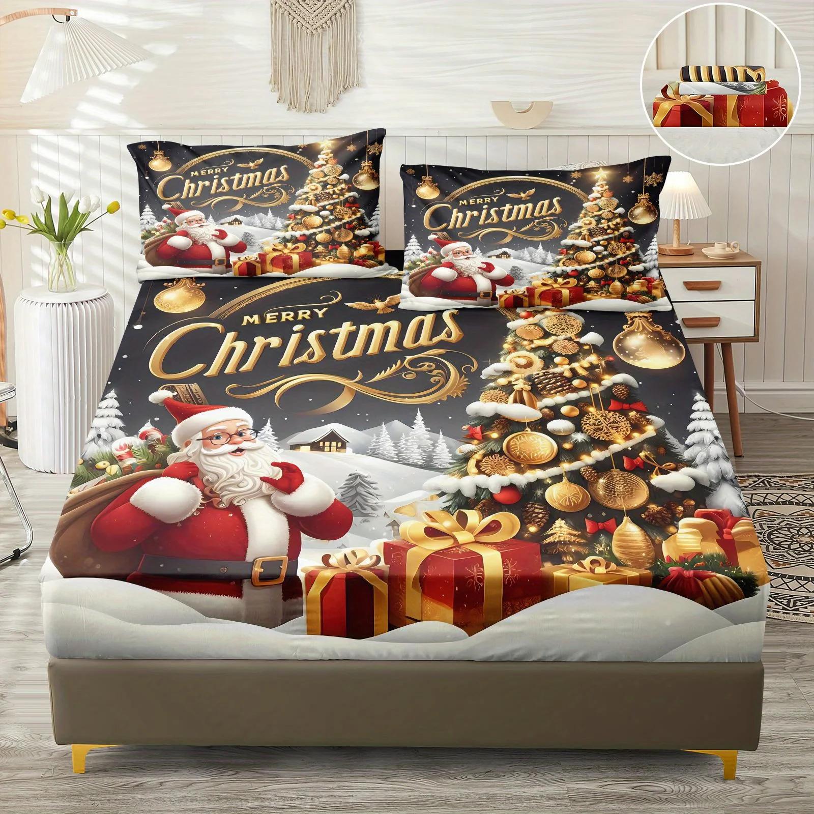 

3 шт. 85 г Июль Полиэстер и нейлон Великолепный Рождественский Лунный цвет, Дерево и Санта Цифровой Натяжной Простынный Комплект, Мягкий, Удобный, Кровать 90x200cmx25