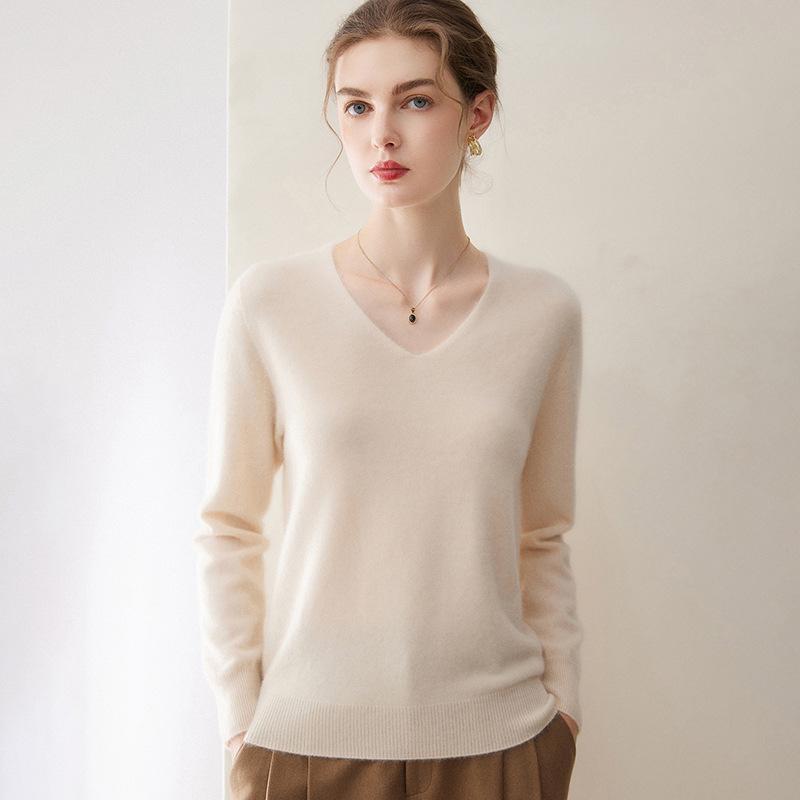 Women's 100% Pure Cashmere V-Neck Long Sleeve Pullover Sweater for Spring and Autumn.