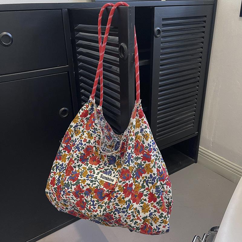

2024 Hanfeng летняя сумка большой вместимости для переноски через плечо, сумка для покупок с завязками, свежая цветочная сумка-тоут, сумка подмышкой