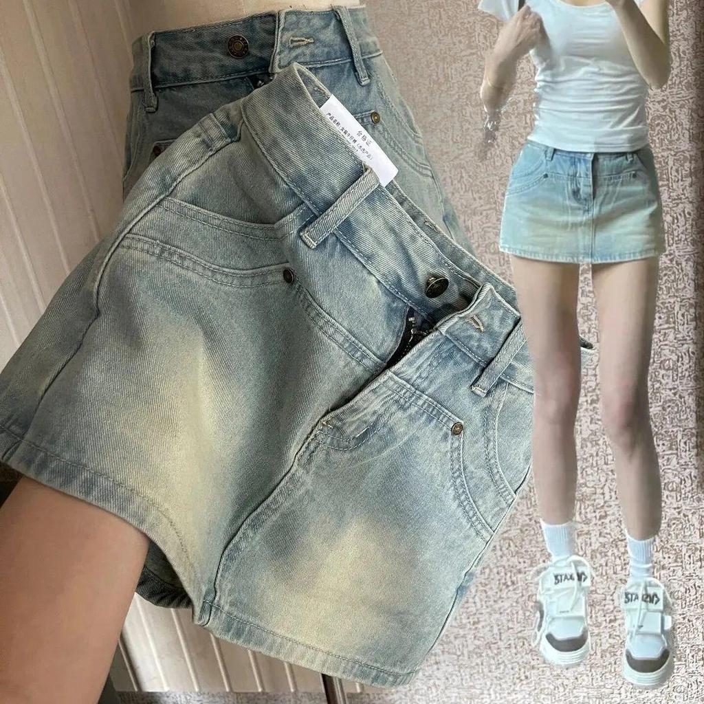 High Waist Retro Denim Patchwork Skirt - Women's Summer 2026 Slimming Hip-Hugging Culottes