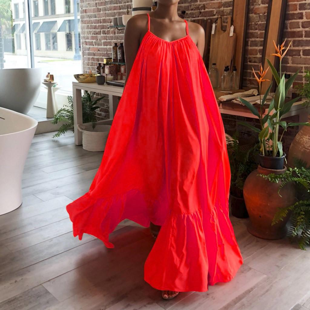 Women Fashion Casual Solid Strap Dress Pocket Loose Backless Big Swing Dress