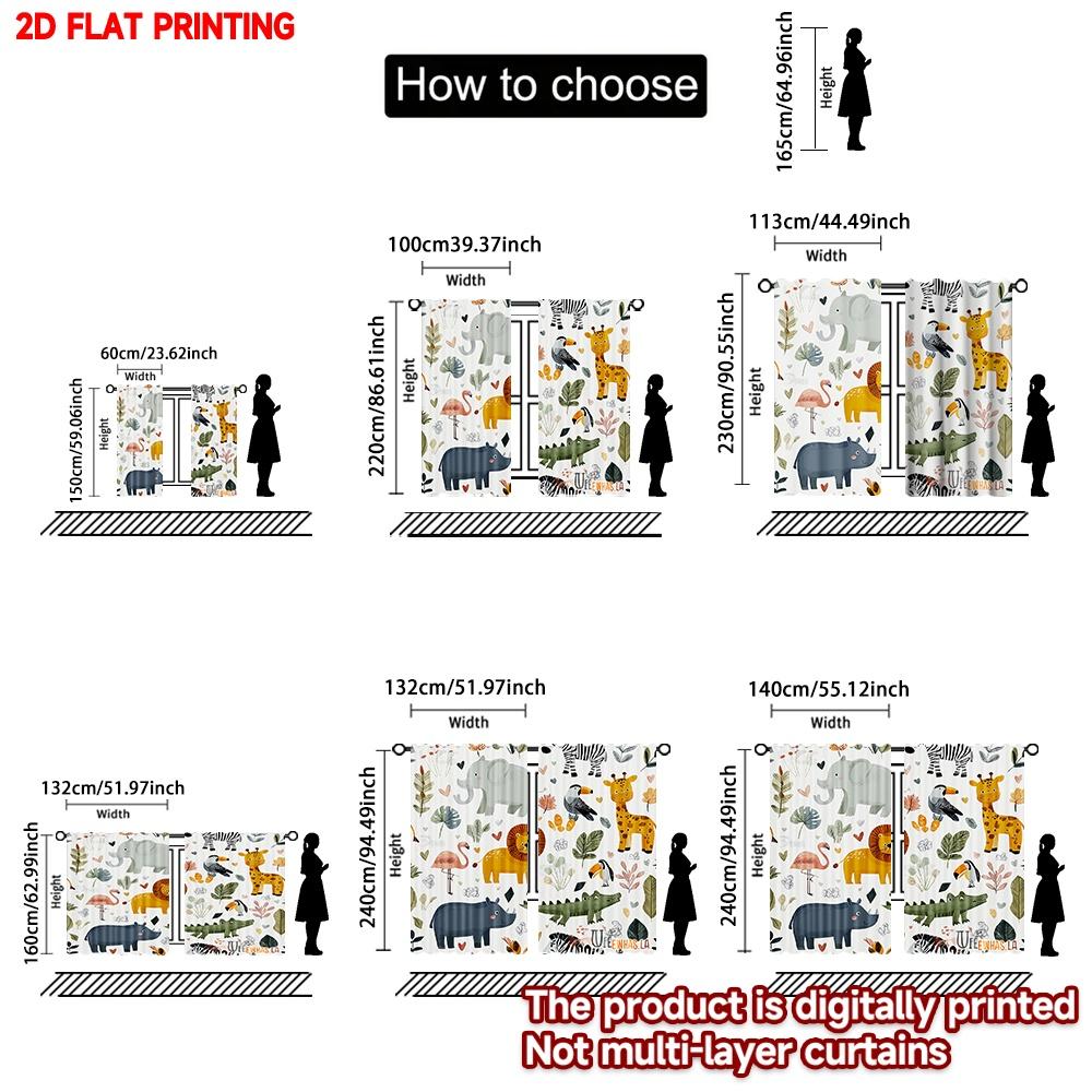 Set Of 2 Cartoon Animal Curtains Elephant Giraffe Lion Hippo Flamingo Toucan Crocodile Leaves Hearts Kids Room Decor Curtain Polyester Ideal For