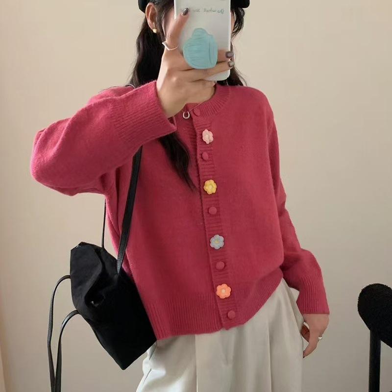 

Color button crew neck knitted cardigan women s autumn and winter new gentle wind soft waxy thin lazy sweater jacket top One size