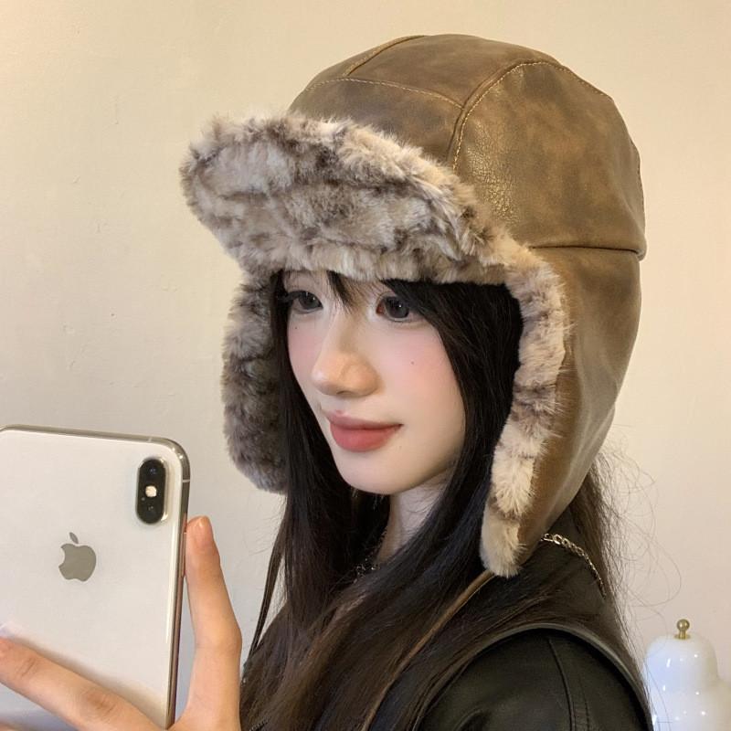 Unique Trendy And Gray Brown Pu Leather Womens Russian Hat For Fashionable Winter Style