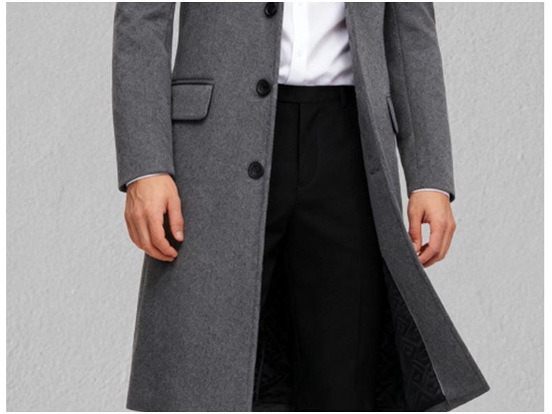 Men's Long Wool Coat with Suit Collar and Thick Cotton Lining
