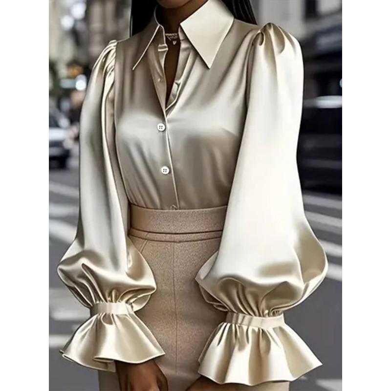 New Elegant Commuter Puff Long Sleeve Lapel Satin Womens Shirt Casual Loose Office Blouse New Lapel Simple Fashion Solid Color Tops