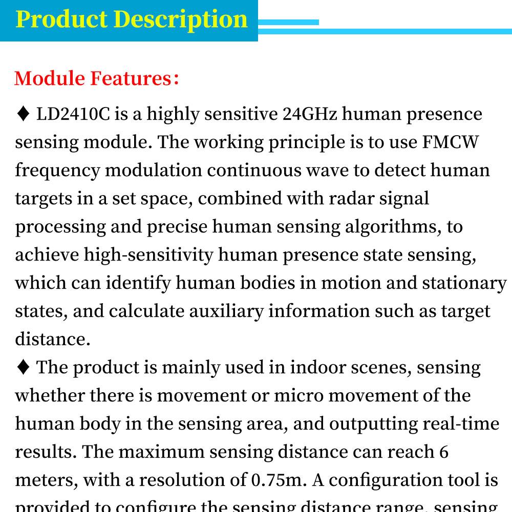 LD2410C 24GHz FMCW Radar Induction Module Human Presence Sensor High Accuracy Body Heartbeat Detection for Security Applications