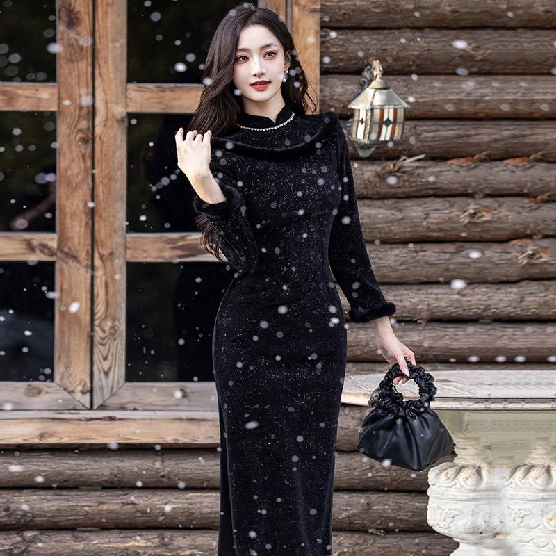 Womens Winter Warm Chinese-Inspired Long Sleeve Cheongsam Dress Black Fleece-Lined Retro Style Small