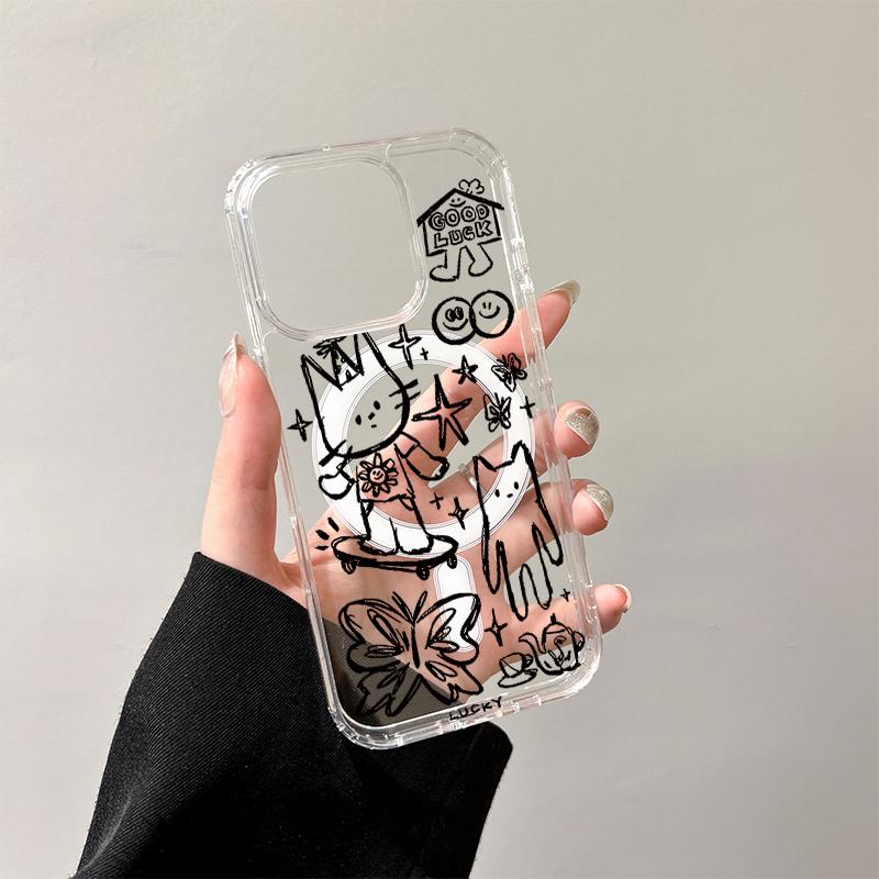 Cool Graffiti Cat Wireless Charging Case for iPhone 17 Air 16 E 15 14 Plus 13 12 Mini 11 Pro Max Transparent Silicone Edge Cover