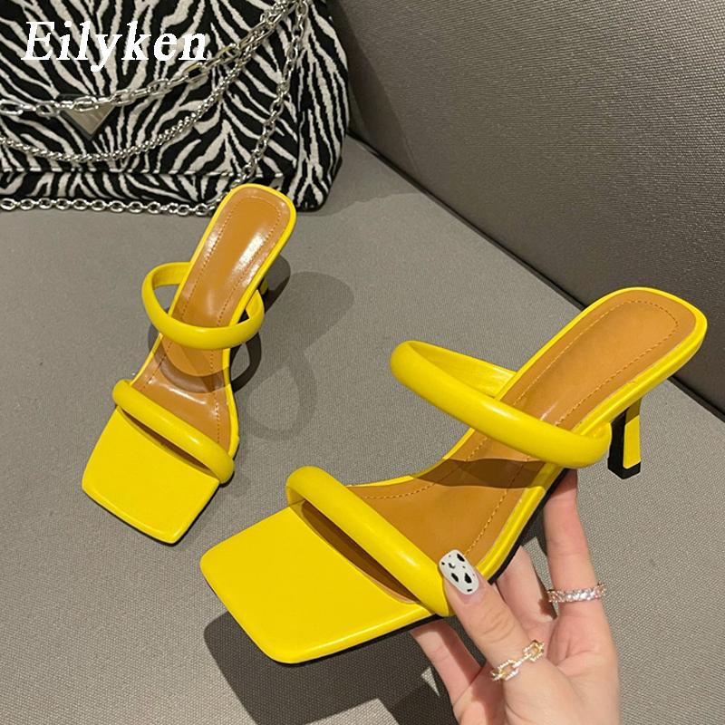 Fashion Eilyken Summer Yellow Thin Heels Slippers Sandals Women Square Toe Mules Beach Slides Leisure Shoes