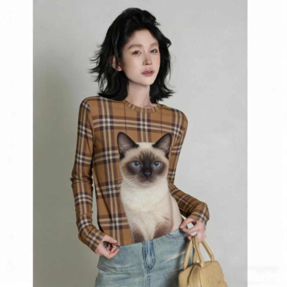 Spring Europe America Fashion Animal Cat Print Women's T-shirt Casual Pullover Women Long Sleeve Clothing Outdoor Casual Tees Top