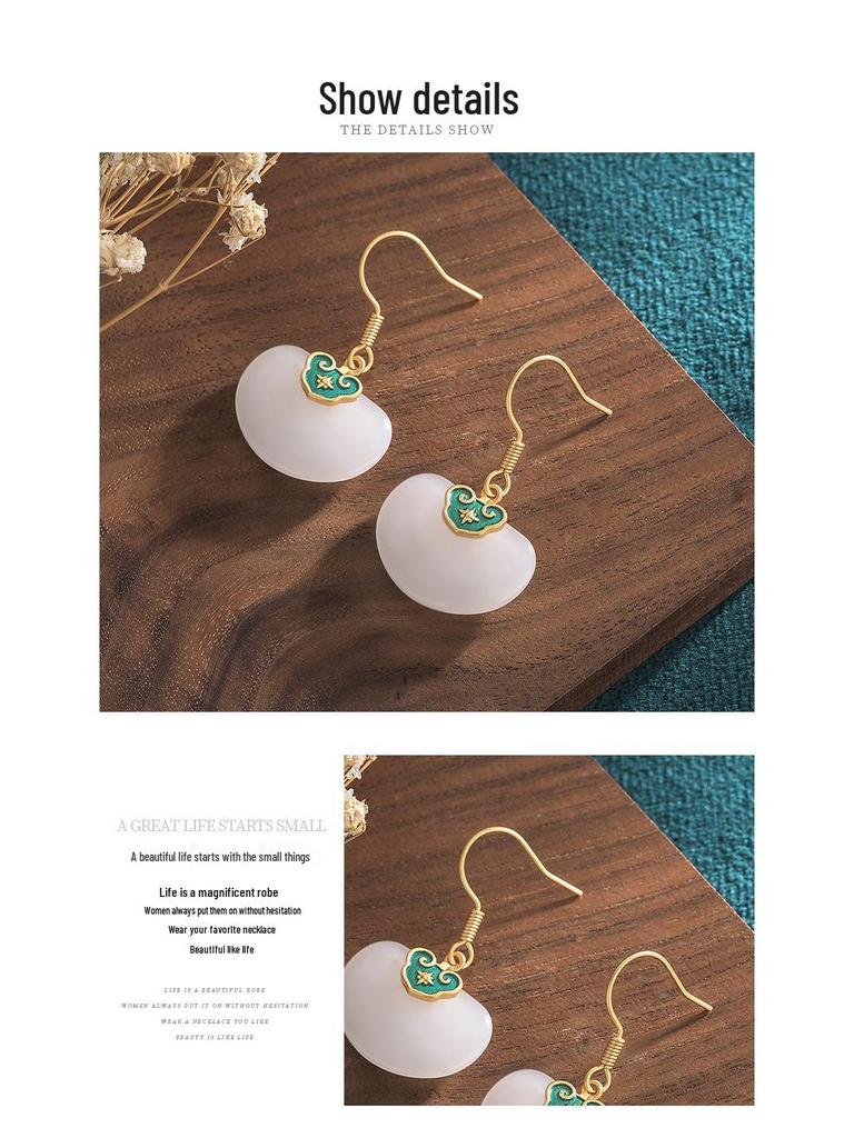 Ancient Gold-Plated Auspicious Cloud Earrings with Imitation Hetian Jade