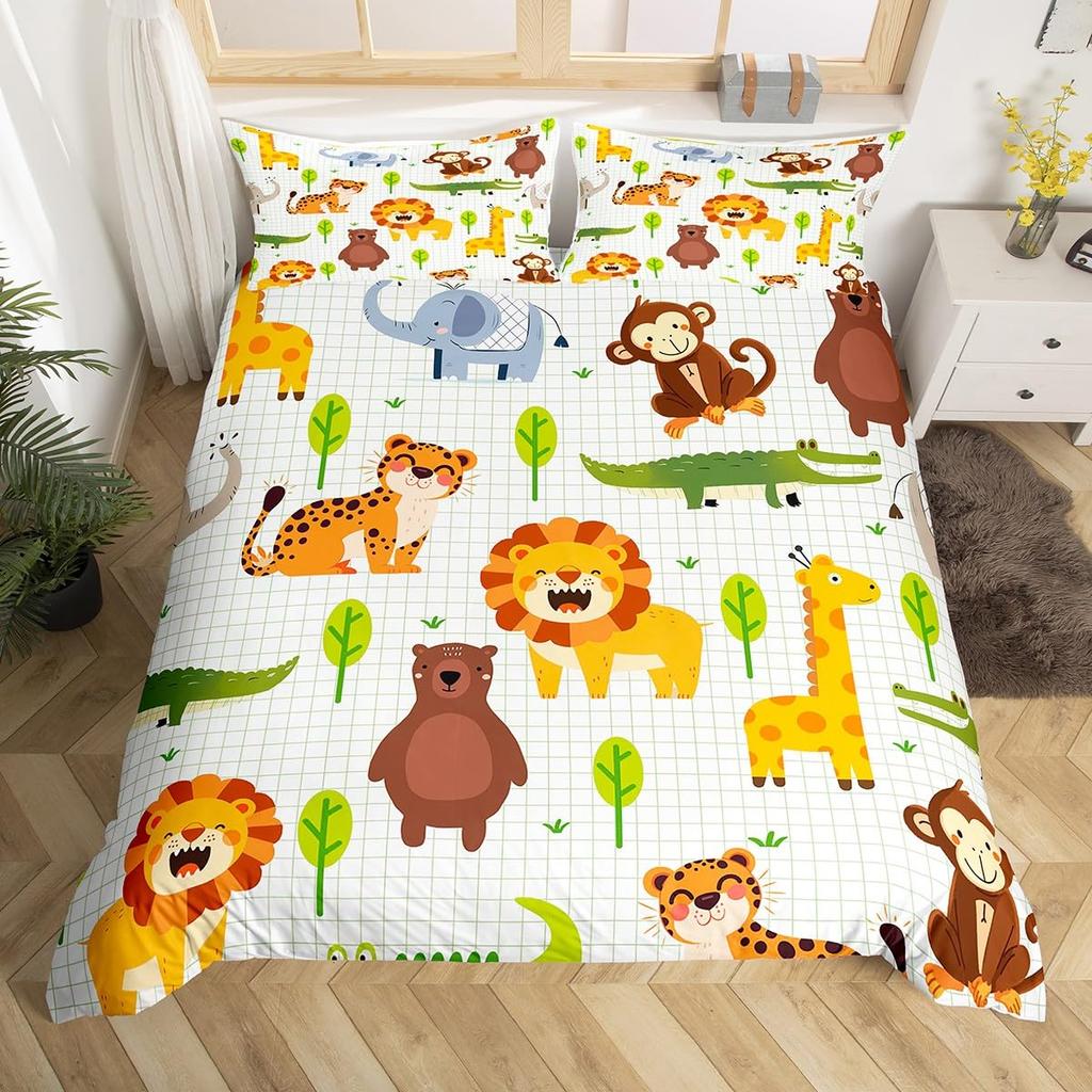 Kid Zoo Tier Bettbezug Niedliche Wildtiere Giraffe Bettwäsche Set Cartoon Löwe Nilpferd Schildkröte Yak Bettdeckenbezug Polyester Steppdeckenbezug