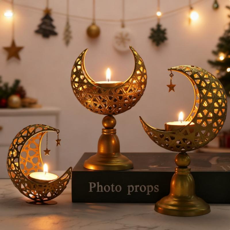 Middle Eastern Golden Moon Candle Holder Hollow Iron Scented Candle Stand, Arabic Night Decor Ramadan Eid Home Gift