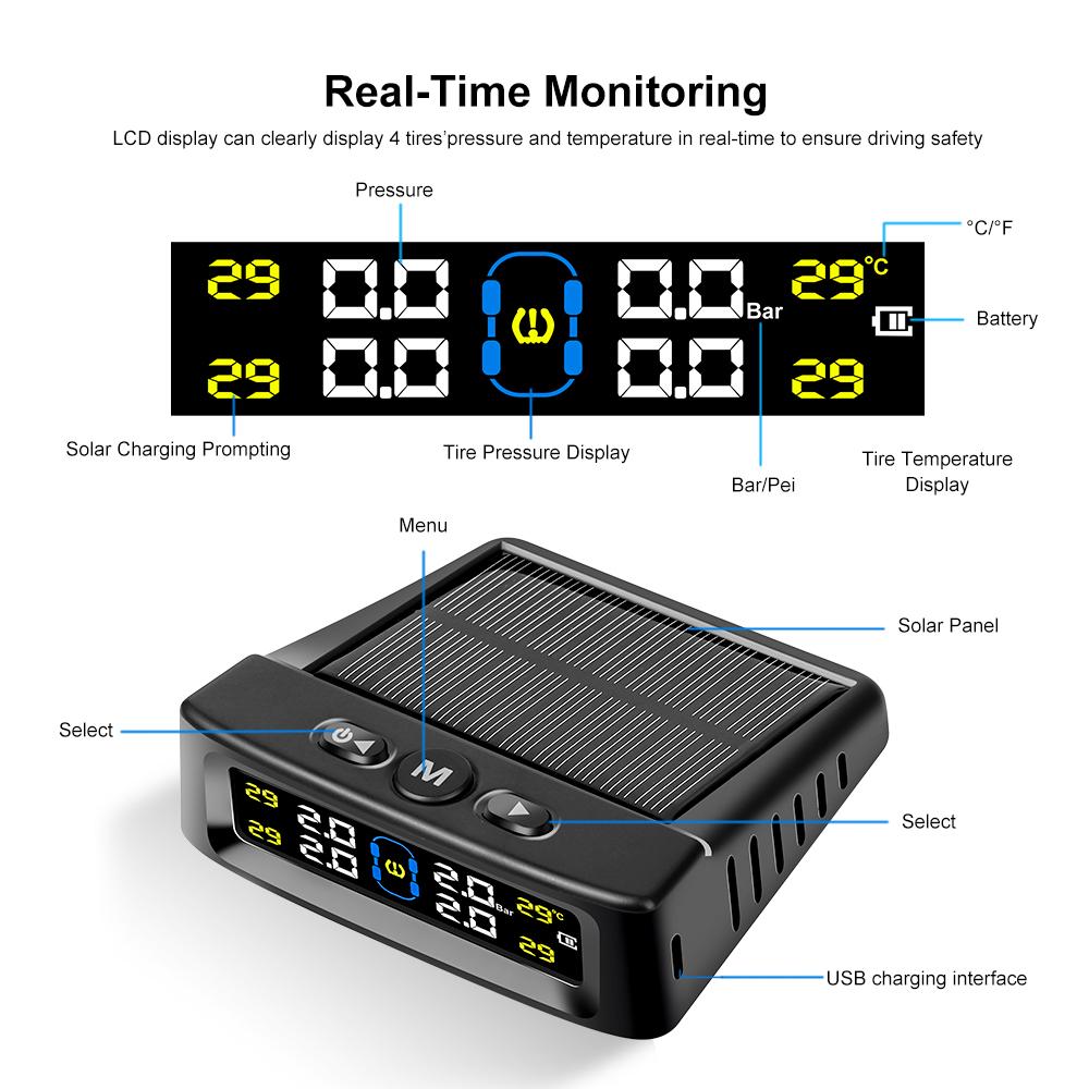Dispositivo de alarma de presión de neumáticos para automóvil con sistema TPMS solar, pantalla digital colorida y 4 sensores externos, advertencia de temperatura y presión de neumáticos