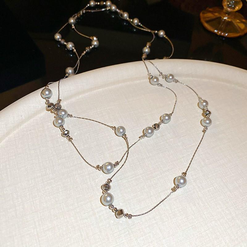 Diamond Water Drop Pearl Beaded Necklace Autumn and Winter French Light Luxury Sweater Chain Fashionable Versatile High-end Jewelry