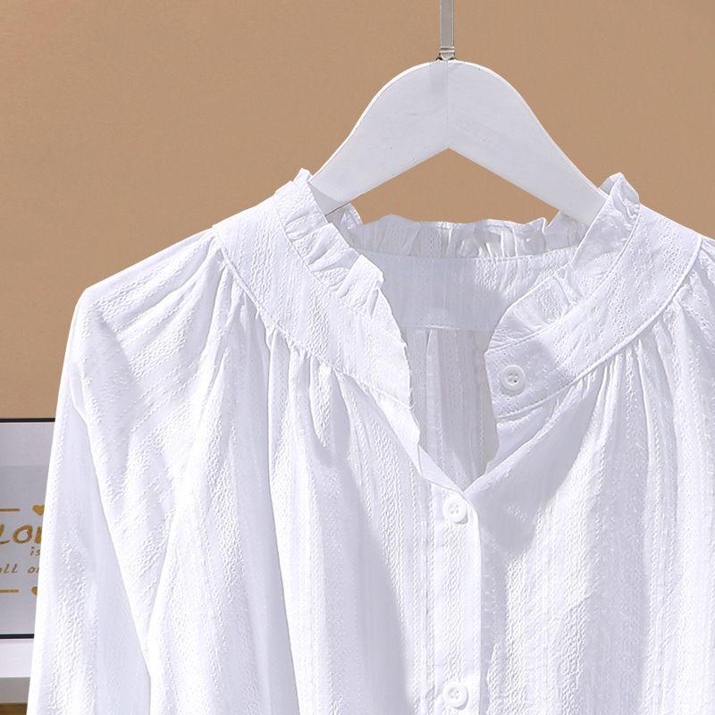French Style Pure Cotton Long Sleeve Shirt Women Spring Ruffled Collar Lace Edge Blouse