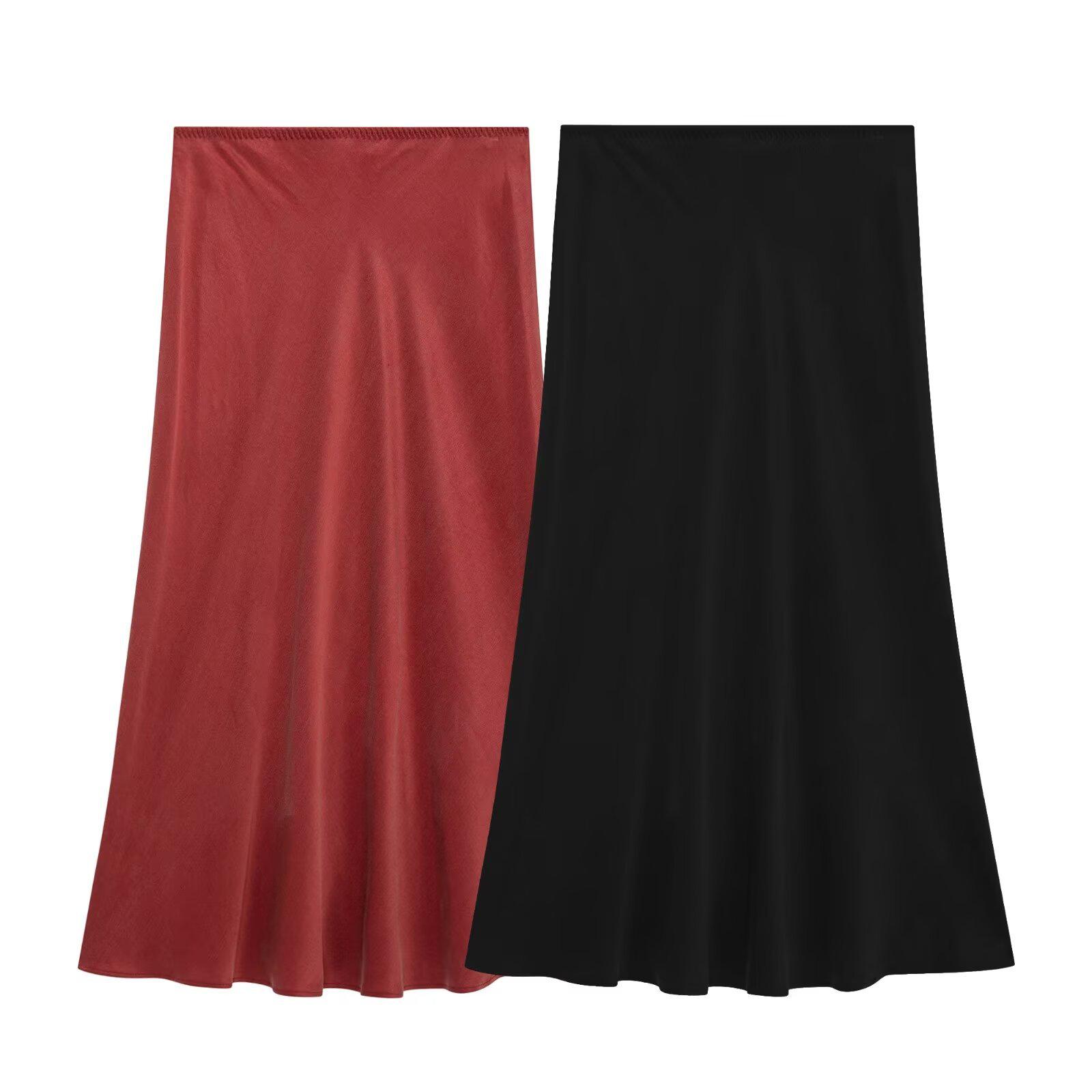 

Versatile Women s Solid Silk Satin Mid-Waist Slimming Midi Skirt Large вино красного