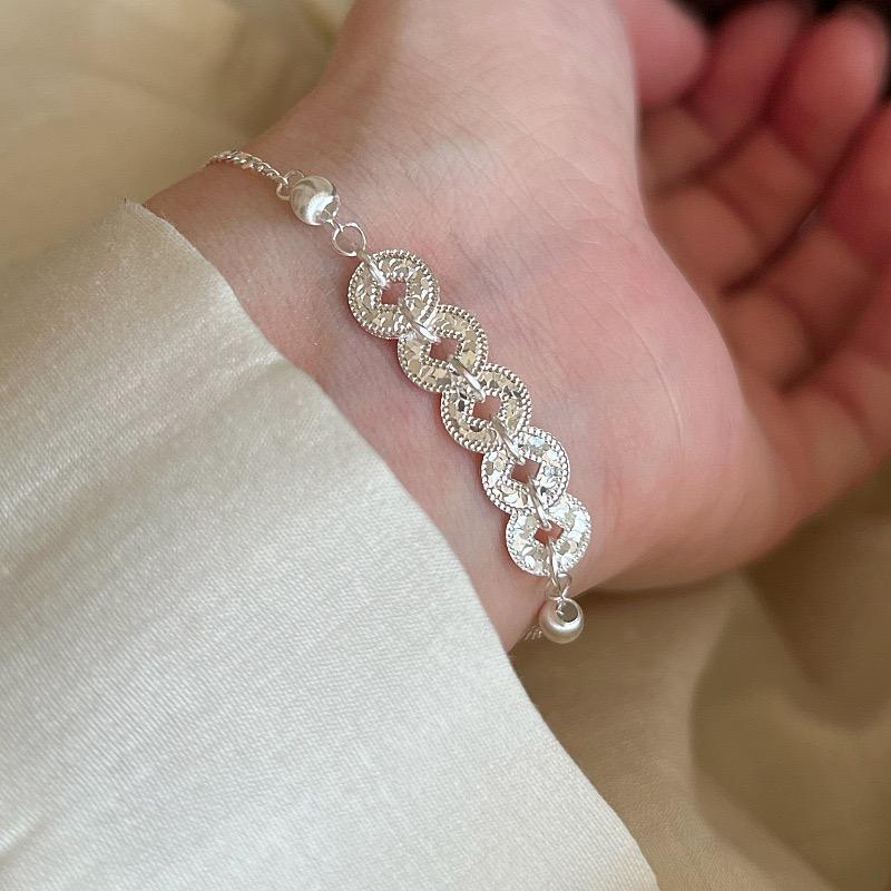 

100% Solid 925 Sterling Silver Retro Bracelet for Women Geometric Circle Hollow Handmade Sparkling Simple Bracelet Birthday Gift