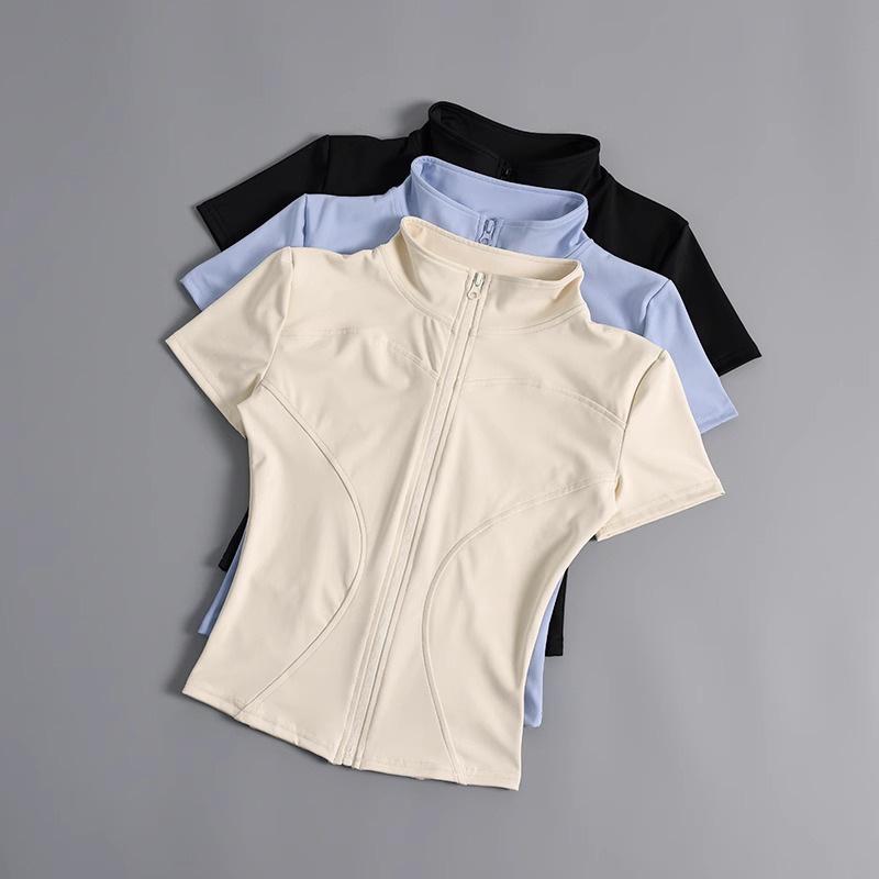 Women's Quick-Dry Bodycon Yoga Jacket - High Elasticity, Short Sleeve, Stand Collar, Zipper, Nude Feel for Fitness and Running (Summer)