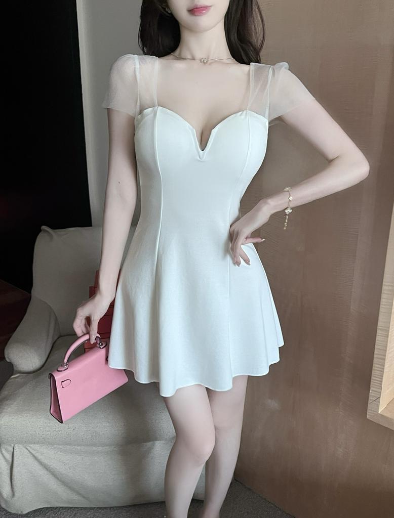 Deep V-neck sexy mesh splicing short sleeves waist thin A-shaped skirt women's autumn black versatile dress short skirt