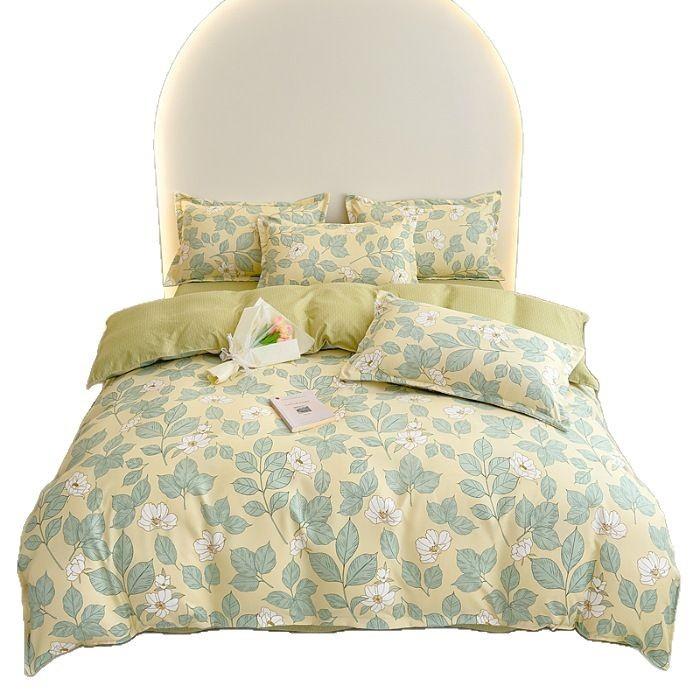 Class A Maternal Infant Grade Small Fresh Pure Cotton Abraded 4-Pcs Set, Skin-Friendly Bed Sheet Washed Cotton Quilt Cover, Dormitory 3-Piece Set