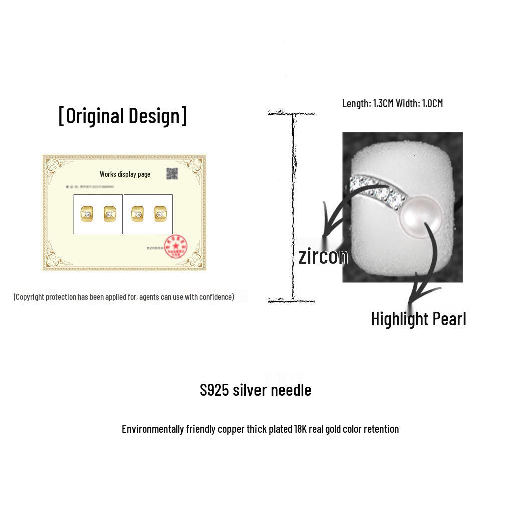 18k Gold Geometrische Zirkon Perlen Ohrstecker - Eleganter Französischer Stil, Vielseitiges C-förmiges Design