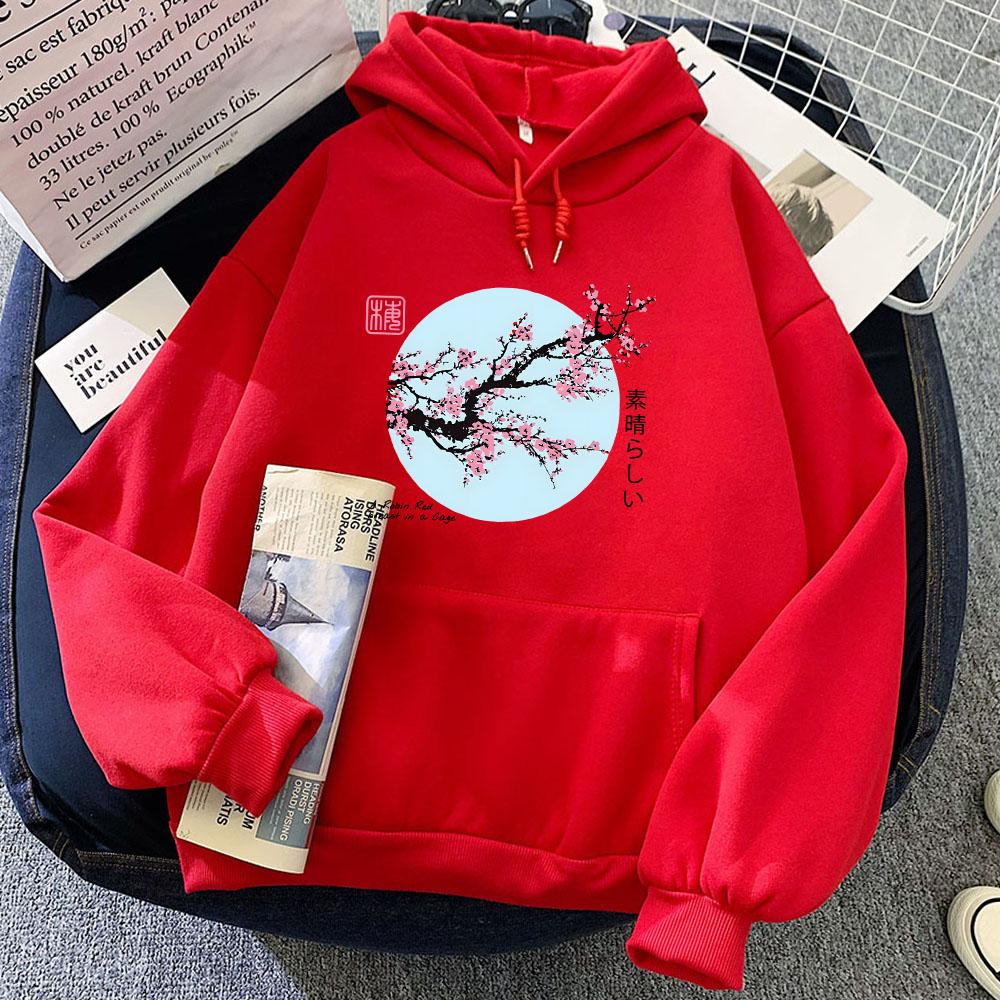 Japanese Blossom Sakura Printing Hoodies Long Sleeve Women/Men Casual Sweatshirts Winter Fleece Comfortable