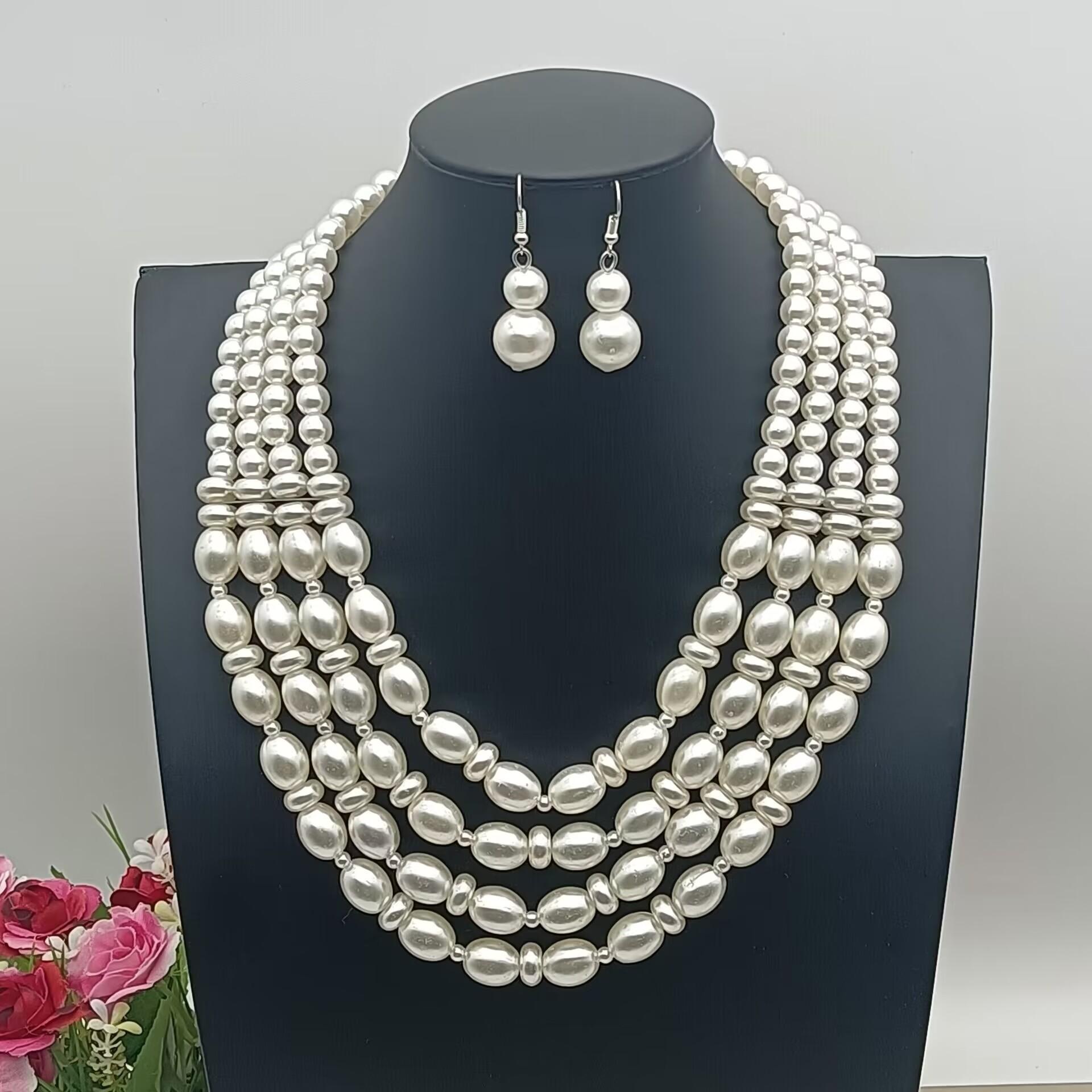 Европа и США горячая распродажа модный простой многослойный жемчужный комплект ожерелья и серег для бала