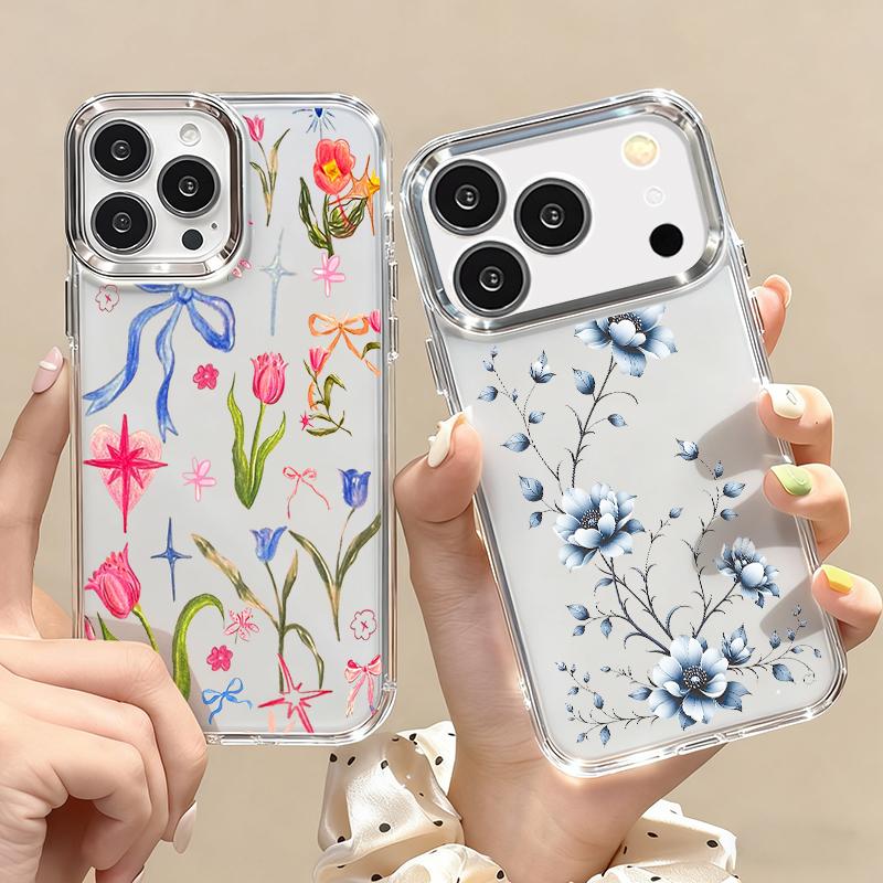 Little Floral Pattern Case For iPhone 17 Pro Max iPhone 16 15 14 13 Pro Max 11 17e 16e Plating Lens Frame Clear Soft Silicone Back Cover