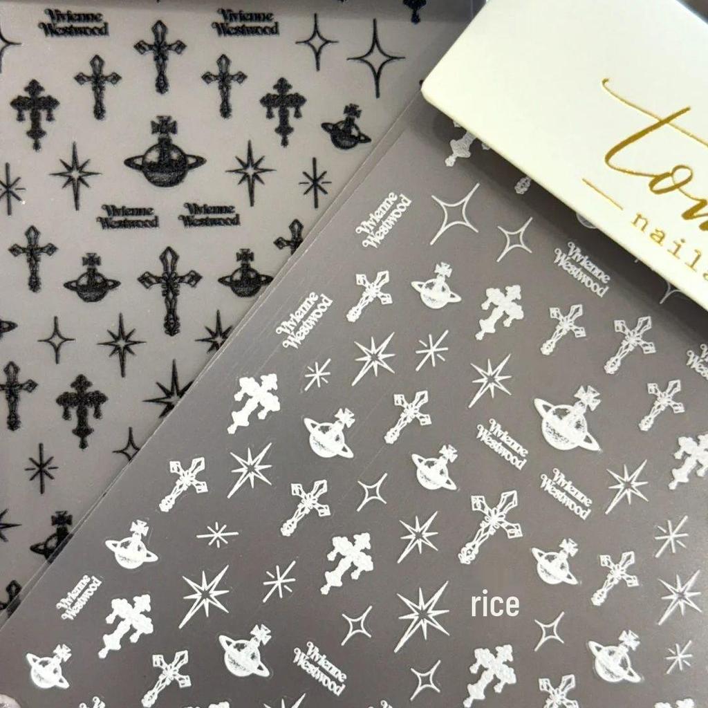Retro Black Cross Embossed 3D Nail Art Stickers with White Starry Decorations