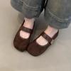 Spot Version~ Retro Round Head Metal Buckle Mary Jane Women's Shoes Suede Temperament Single Shoes Shallow Mouth Flat Ballet Shoes