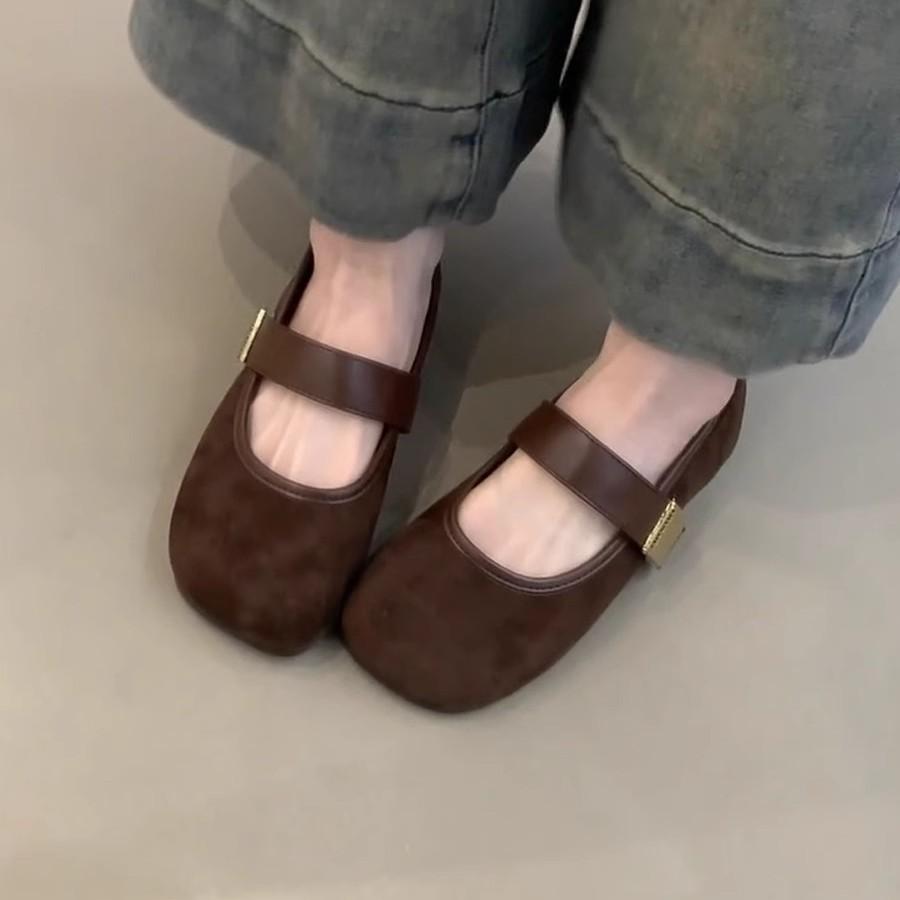 Spot Version~ Retro Round Head Metal Buckle Mary Jane Women's Shoes Suede Temperament Single Shoes Shallow Mouth Flat Ballet Shoes