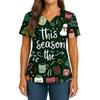 Women's Christmas Print V-Neck Double Pocket Short Sleeves Hem Slit  Uniform And Caregiver Top