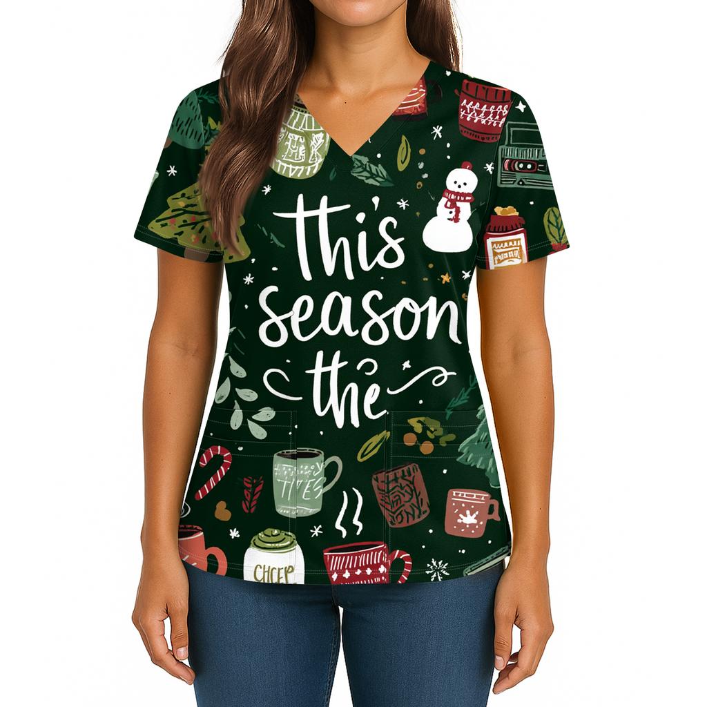 Women's Christmas Print V-Neck Double Pocket Short Sleeves Hem Slit Uniform And Caregiver Top