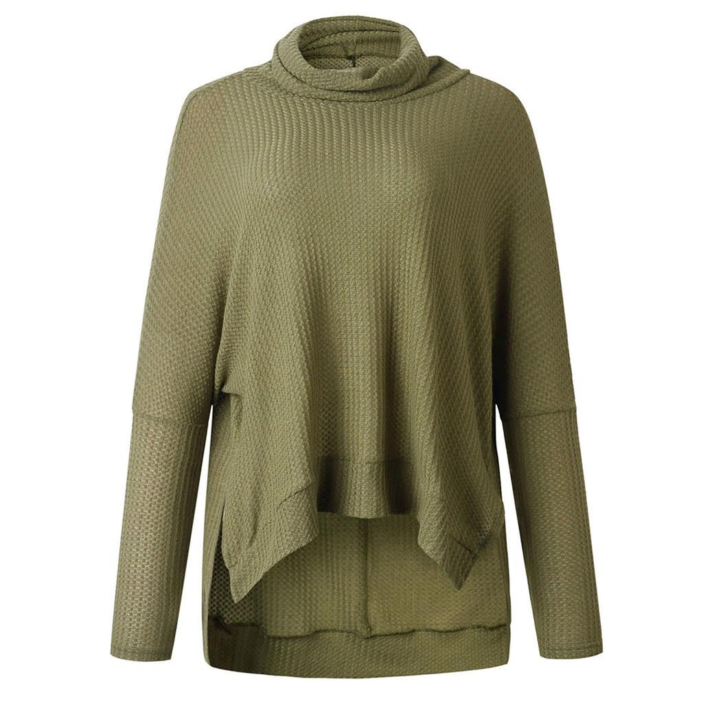 Women's  And Winter Loose Solid Color Irregular Hem Stitching Long-sleeved Pile Collar Knit Sweater Top